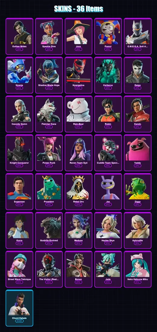 [PC] | Outlaw Midas | Sparkle Diva | Joss | Pomni | O.M.E.G.A. Suit Alpha | 36 skin | 65 pickaxe | 45 emote | 48 glider | Lv397