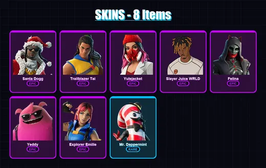 [PC/XBOX] | Santa Dogg | Trailblazer Tai | Yulejacket | Slayer Juice WRLD | Felina | 8 skin | 40 pickaxe | 19 emote | 29 glider | Lv769