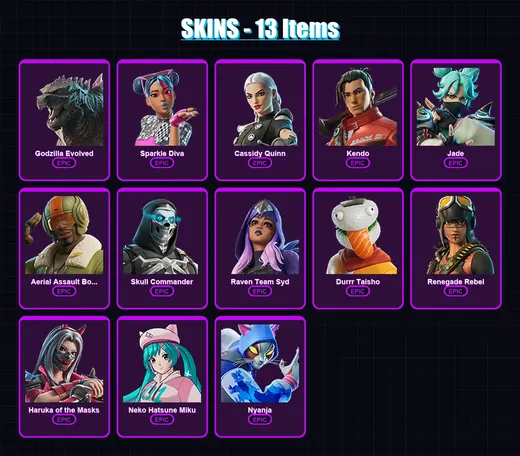 [PC/XBOX/PSN] | Godzilla Evolved | Sparkle Diva | Cassidy Quinn | Kendo | Jade | 13 skin | 12 pickaxe | 12 emote | 10 glider | Lv46