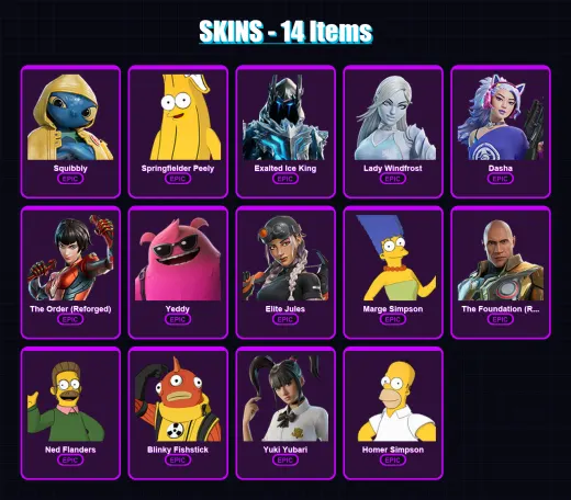[PC/XBOX/PSN] | Squibbly | Springfielder Peely | Exalted Ice King | Lady Windfrost | Dasha | 14 skin | 27 pickaxe | 15 emote | 20 glider | Lv217