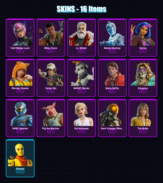 [SWITCH/XBOX/PC] | Void Walker Lynx | Miles Cross | Lt. Winter | Glacial Dummy | Carina | 16 skin | 48 pickaxe | 30 emote | 38 glider | Lv472