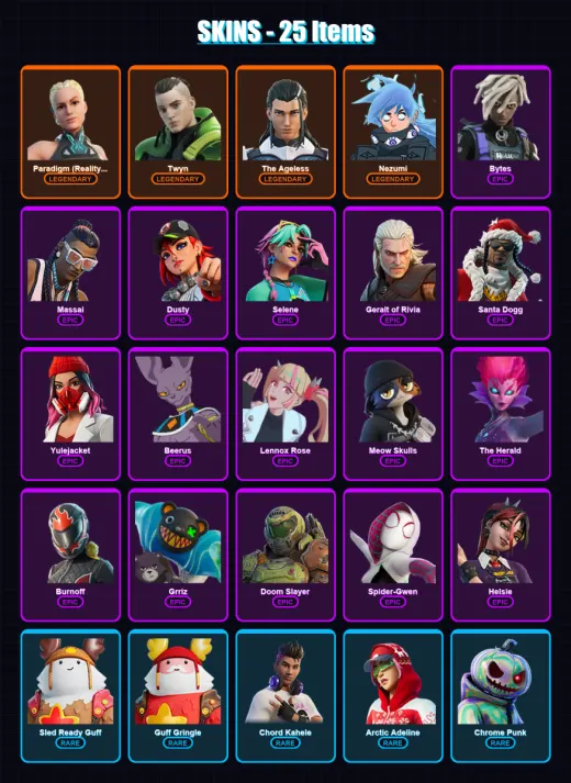 [PC/XBOX/PSN] | Paradigm (Reality-659) | Twyn | The Ageless | Nezumi | Bytes | 25 skin | 52 pickaxe | 29 emote | 46 glider | Lv943