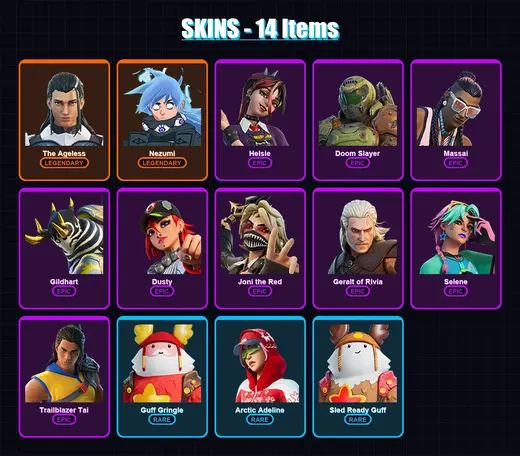 [PC/PSN] | The Ageless | Nezumi | Helsie | Doom Slayer | Massai | 14 skin | 25 pickaxe | 17 emote | 21 glider | Lv328