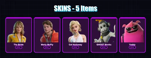 [PC/PSN] | The Bride | Marty McFly | Cat Holloway | GHOST Monks | Yeddy | 5 skin | 16 pickaxe | 11 emote | 19 glider | Lv113