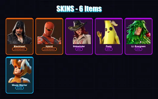[PC/XBOX/PSN] | Blackheart | Hybrid | Sidewinder | Peely | Lt. Evergreen | 6 skin | 13 pickaxe | 27 emote | 22 glider | Lv424
