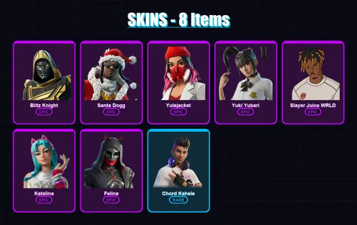 [PC/XBOX/PSN] | Blitz Knight | Santa Dogg | Yulejacket | Yuki Yubari | Slayer Juice WRLD | 8 skin | 33 pickaxe | 12 emote | 18 glider | Lv245