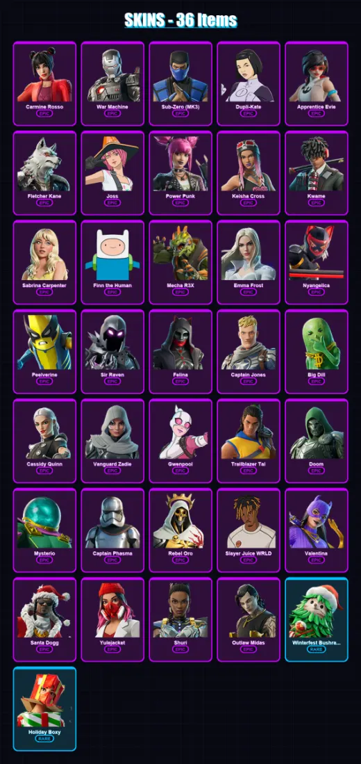 [PS4/PS5/XBOX/PC] | Carmine Rosso | War Machine | Sub-Zero (MK3) | Dupli-Kate | Apprentice Evie | 36 skin | 90 pickaxe | 63 emote | 64 glider | Lv10