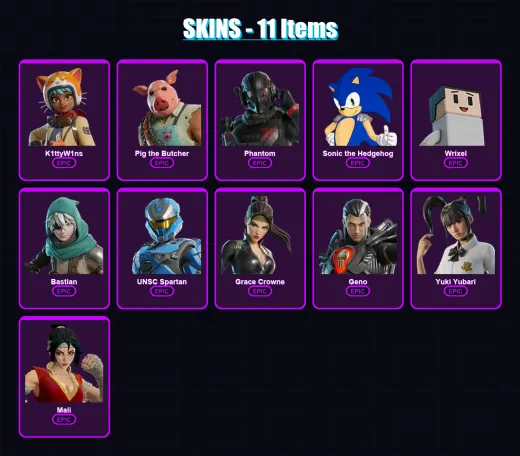 [PC/PSN] | K1ttyW1ns | Pig the Butcher | Phantom | Sonic the Hedgehog | Wrixel | 11 skin | 48 pickaxe | 18 emote | 33 glider | Lv480
