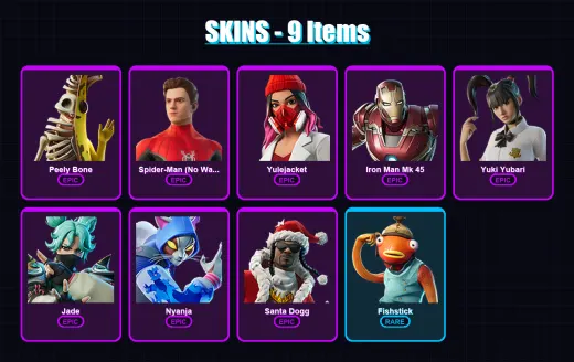[PS4/PS5/PC] | Peely Bone | Spider-Man (No Way Home) | Yulejacket | Iron Man Mk 45 | Yuki Yubari | 9 skin | 24 pickaxe | 20 emote | 15 glider | Lv10