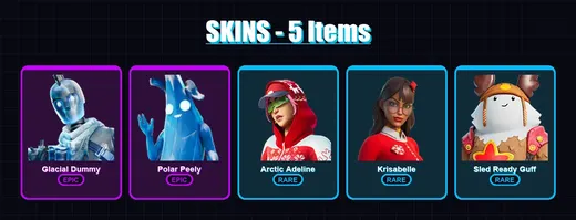 [PC/XBOX] | Glacial Dummy | Polar Peely | Arctic Adeline | Krisabelle | Sled Ready Guff | 5 skin | 45 pickaxe | 21 emote | 36 glider | Lv662