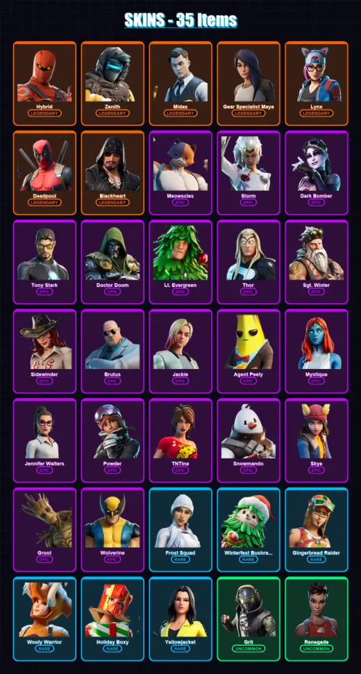 [PC/XBOX/PSN] | Hybrid | Zenith | Midas | Gear Specialist Maya | Lynx | 35 skin | 53 pickaxe | 72 emote | 63 glider | Lv1157