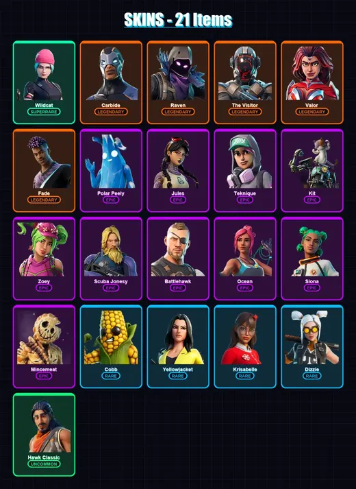 [PC/XBOX] | Wildcat | Carbide | Raven | The Visitor | Valor | 21 skin | 40 pickaxe | 45 emote | 44 glider | Lv626