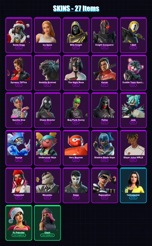 [PC] | Santa Dogg | Ice Spice | Blitz Knight | Knight Conqueror | 1-Ball | 27 skin | 68 pickaxe | 42 emote | 41 glider | Lv785