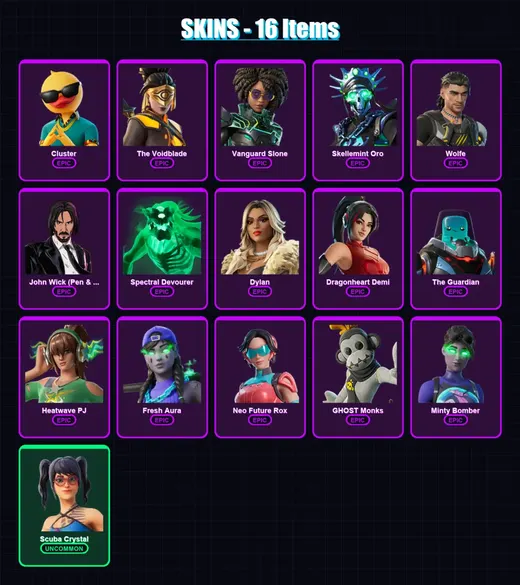 [PS4/PS5/XBOX/PC] | Cluster | The Voidblade | Vanguard Slone | Skellemint Oro | Wolfe | 16 skin | 23 pickaxe | 16 emote | 16 glider | Lv176