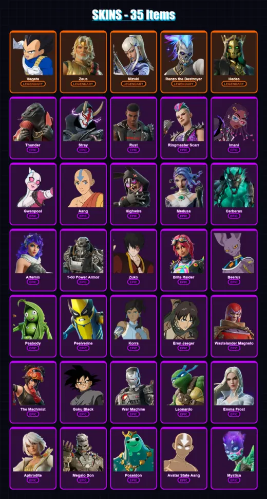 [PS4/PS5/XBOX/PC] | Vegeta | Zeus | Mizuki | Renzo the Destroyer | Hades | 35 skin | 53 pickaxe | 48 emote | 44 glider | Lv868