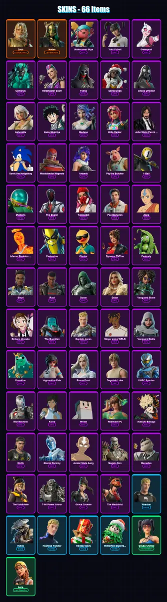 [PC/PSN] | Zeus | Hades | Undercover Skye | Yuki Yubari | Gwenpool | 66 skin | 133 pickaxe | 85 emote | 90 glider | Lv1288