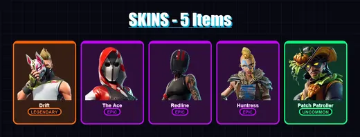 [PS4/PS5/XBOX/PC] | Drift | The Ace | Redline | Huntress | Patch Patroller | 5 skin | 4 pickaxe | 4 emote | 3 glider | Lv46