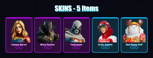 [PC/PSN] | Captain Marvel | Black Panther | Taskmaster | Arctic Adeline | Sled Ready Guff | 5 skin | 9 pickaxe | 5 emote | 12 glider | Lv136