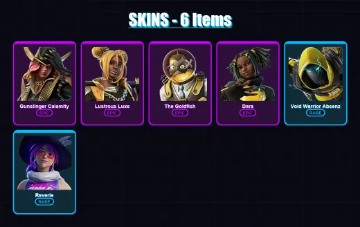 [PC/PSN] | Gunslinger Calamity | Lustrous Luxe | The Goldfish | Dara | Void Warrior Absenz | 6 skin | 8 pickaxe | 1 emote | 1 glider | Lv16