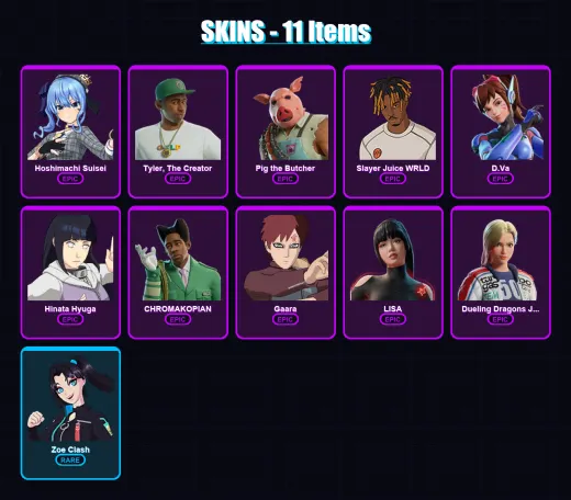 [PC/PSN] | Hoshimachi Suisei | Tyler, The Creator | Pig the Butcher | Slayer Juice WRLD | D.Va | 11 skin | 43 pickaxe | 37 emote | 32 glider | Lv307