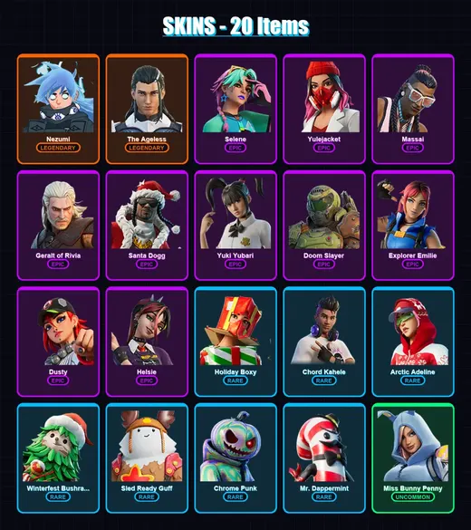 [PC/XBOX] | Nezumi | The Ageless | Selene | Yulejacket | Massai | 20 skin | 42 pickaxe | 31 emote | 37 glider | Lv655
