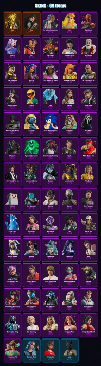 [PC/PSN] | Oro | Era | Purradise Meowscles | Soleil | Synthesis | 69 skin | 85 pickaxe | 43 emote | 56 glider | Lv555