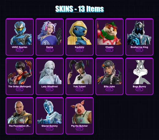 [PC/XBOX/PSN] | UNSC Spartan | Dasha | Squibbly | Cheeks | Exalted Ice King | 13 skin | 49 pickaxe | 22 emote | 33 glider | Lv461