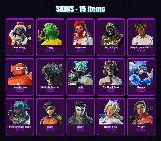 [PC/PSN] | Santa Dogg | Ziggy | Yulejacket | Blitz Knight | Slayer Juice WRLD | 15 skin | 51 pickaxe | 27 emote | 36 glider | Lv397