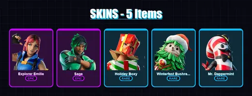 [PS4/PS5/XBOX/PC] | Explorer Emilie | Sage | Holiday Boxy | Winterfest Bushranger | Mr. Dappermint | 5 skin | 7 pickaxe | 3 emote | 6 glider | Lv25 — Game account