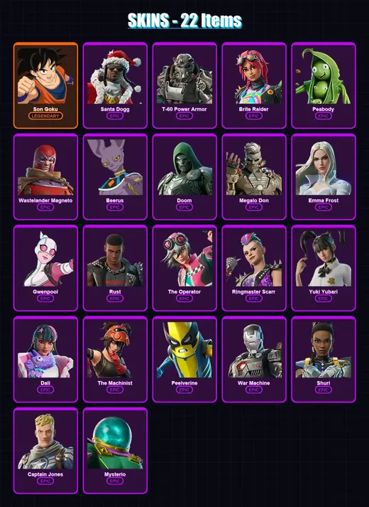[PC] | Son Goku | Santa Dogg | T-60 Power Armor | Brite Raider | Peabody | 22 skin | 40 pickaxe | 29 emote | 27 glider | Lv355