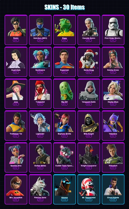 [SWITCH/XBOX/PSN/PC] | Robin | Sub-Zero (MK3) | Ziggy | Cassidy Quinn | First Order Stormtrooper | 30 skin | 63 pickaxe | 40 emote | 42 glider | Lv5