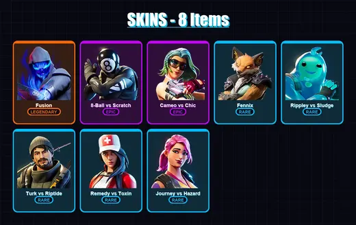 [PS4/PS5/XBOX/PC] | Fusion | 8-Ball vs Scratch | Cameo vs Chic | Fennix | Rippley vs Sludge | 8 skin | 8 pickaxe | 14 emote | 8 glider | Lv225 — Game account