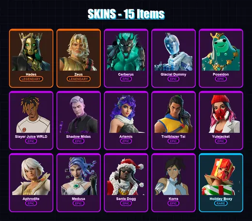 [PC/XBOX/PSN] | Hades | Zeus | Cerberus | Glacial Dummy | Poseidon | 15 skin | 57 pickaxe | 29 emote | 37 glider | Lv554