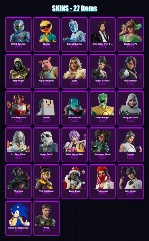 [PC/XBOX/PSN] | UNSC Spartan | Cluster | Glacial Dummy | John Wick (Pen & Ink) | Heatwave PJ | 27 skin | 112 pickaxe | 50 emote | 72 glider | Lv1117