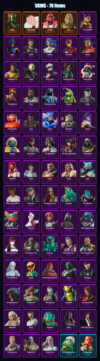 [PC/XBOX] | Hades | Peter Griffin | Valeria | Zeus | The Voidblade | 70 skin | 138 pickaxe | 85 emote | 96 glider | Lv1457