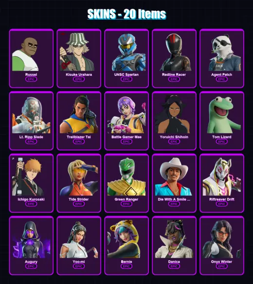 [PC/PSN] | Russel | Kisuke Urahara | UNSC Spartan | Redline Racer | Agent Patch | 20 skin | 42 pickaxe | 30 emote | 24 glider | Lv242