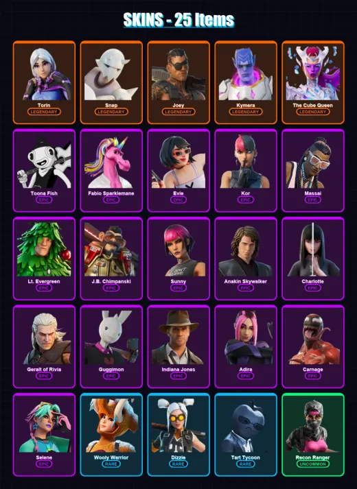 [PC/PSN] | Torin | Snap | Joey | Kymera | The Cube Queen | 25 skin | 40 pickaxe | 31 emote | 42 glider | Lv647