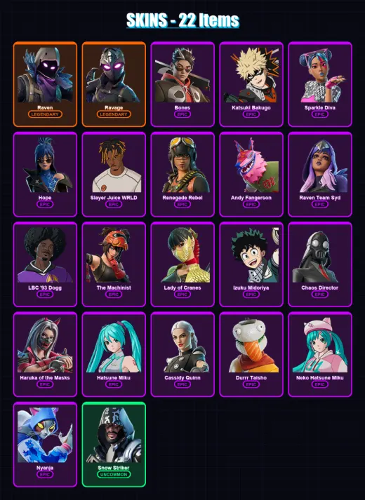 [PC/XBOX/PSN] | Raven | Ravage | Bones | Katsuki Bakugo | Sparkle Diva | 22 skin | 17 pickaxe | 6 emote | 7 glider | Lv71