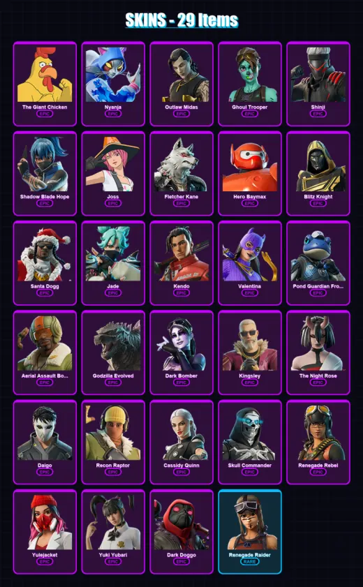 [PS4/PS5/XBOX/PC] | The Giant Chicken | Nyanja | Outlaw Midas | Ghoul Trooper | Shinji | 29 skin | 67 pickaxe | 36 emote | 43 glider | Lv408 — Game account