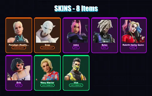 [SWITCH/XBOX/PSN/PC] | Paradigm (Reality-659) | Snap | Adira | Bytes | Rebirth Harley Quinn | 8 skin | 4 pickaxe | 5 emote | 5 glider | Lv54