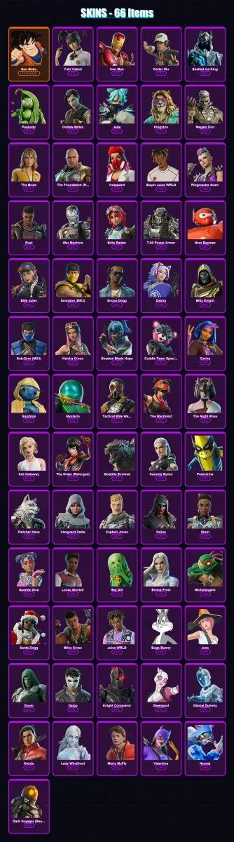 [PC/PSN] | Son Goku | Yuki Yubari | Iron Man | Carter Wu | Exalted Ice King | 66 skin | 151 pickaxe | 94 emote | 104 glider | Lv1691