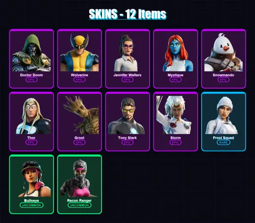 [PC/XBOX/PSN] | Doctor Doom | Wolverine | Jennifer Walters | Mystique | Snowmando | 12 skin | 16 pickaxe | 21 emote | 15 glider | Lv280