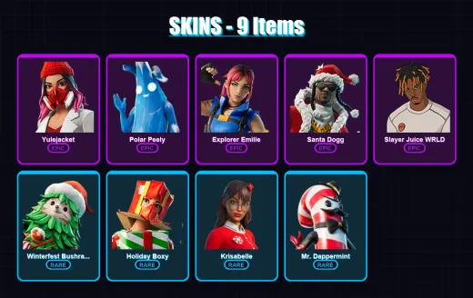 [PC/XBOX/PSN] | Yulejacket | Polar Peely | Explorer Emilie | Santa Dogg | Slayer Juice WRLD | 9 skin | 13 pickaxe | 7 emote | 7 glider | Lv21