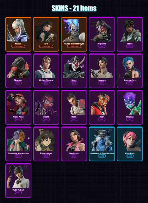 [PC/XBOX] | Mizuki | Era | Renzo the Destroyer | Highwire | Trace | 21 skin | 28 pickaxe | 19 emote | 26 glider | Lv364