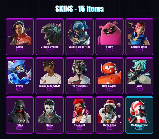 [PC/XBOX/PSN] | Kendo | Godzilla Evolved | Shadow Blade Hope | Yeddy | Explorer Emilie | 15 skin | 39 pickaxe | 27 emote | 31 glider | Lv495