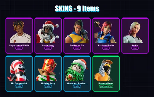 [PC/XBOX/PSN] | Slayer Juice WRLD | Santa Dogg | Trailblazer Tai | Explorer Emilie | Jackie | 9 skin | 37 pickaxe | 14 emote | 19 glider | Lv260