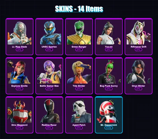 [PC/XBOX/PSN] | Lt. Ripp Slade | UNSC Spartan | Green Ranger | Yoo-mi | Riftreaver Drift | 14 skin | 20 pickaxe | 15 emote | 13 glider | Lv263