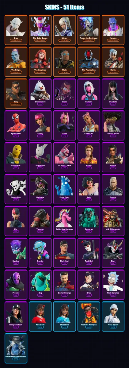 [PC/XBOX/PSN] | Snap | The Cube Queen | Mizuki | Renzo the Destroyer | Kymera | 51 skin | 63 pickaxe | 48 emote | 60 glider | Lv1045