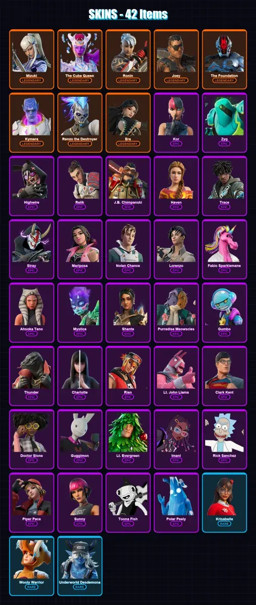 [PC/XBOX/PSN] | Mizuki | The Cube Queen | Ronin | Joey | The Foundation | 42 skin | 52 pickaxe | 46 emote | 56 glider | Lv746