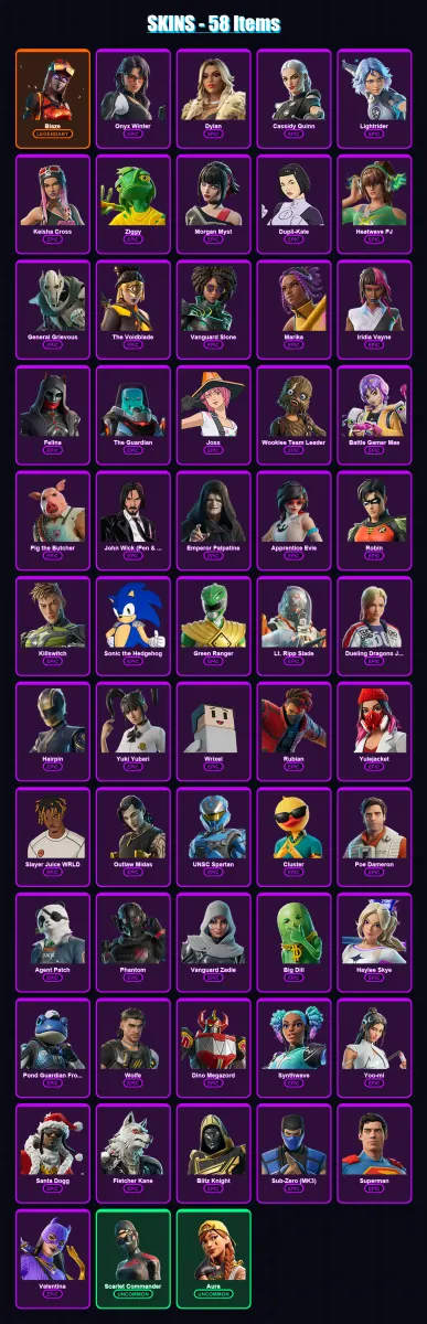 [PS4/PS5/XBOX/PC] | Blaze | Onyx Winter | Dylan | Cassidy Quinn | Lightrider | 58 skin | 131 pickaxe | 79 emote | 87 glider | Lv2563